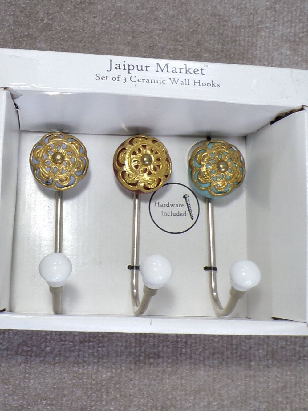 Jaipur Market Set of 3 Handcrafted Ceramic Gold Filigree Colorful Wall Hooks